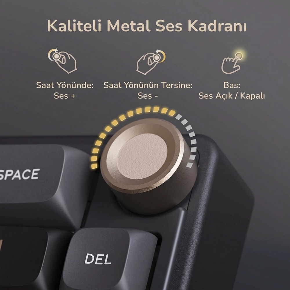 Klavyede ses kontrolü işlevlerini gösteren Türkçe açıklamalı yuvarlak metal ses kadranı.