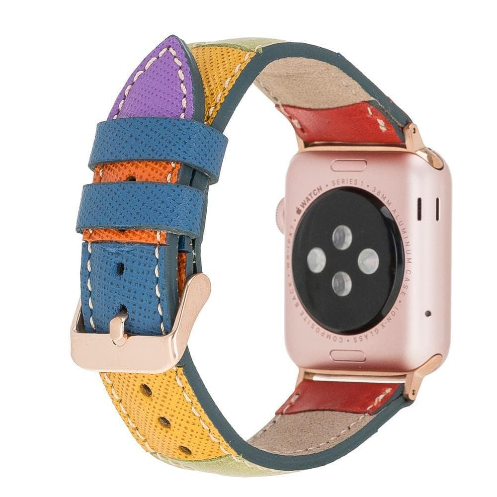 Renkli, çok renkli deri kayışlı bir Apple Watch'un arkası.