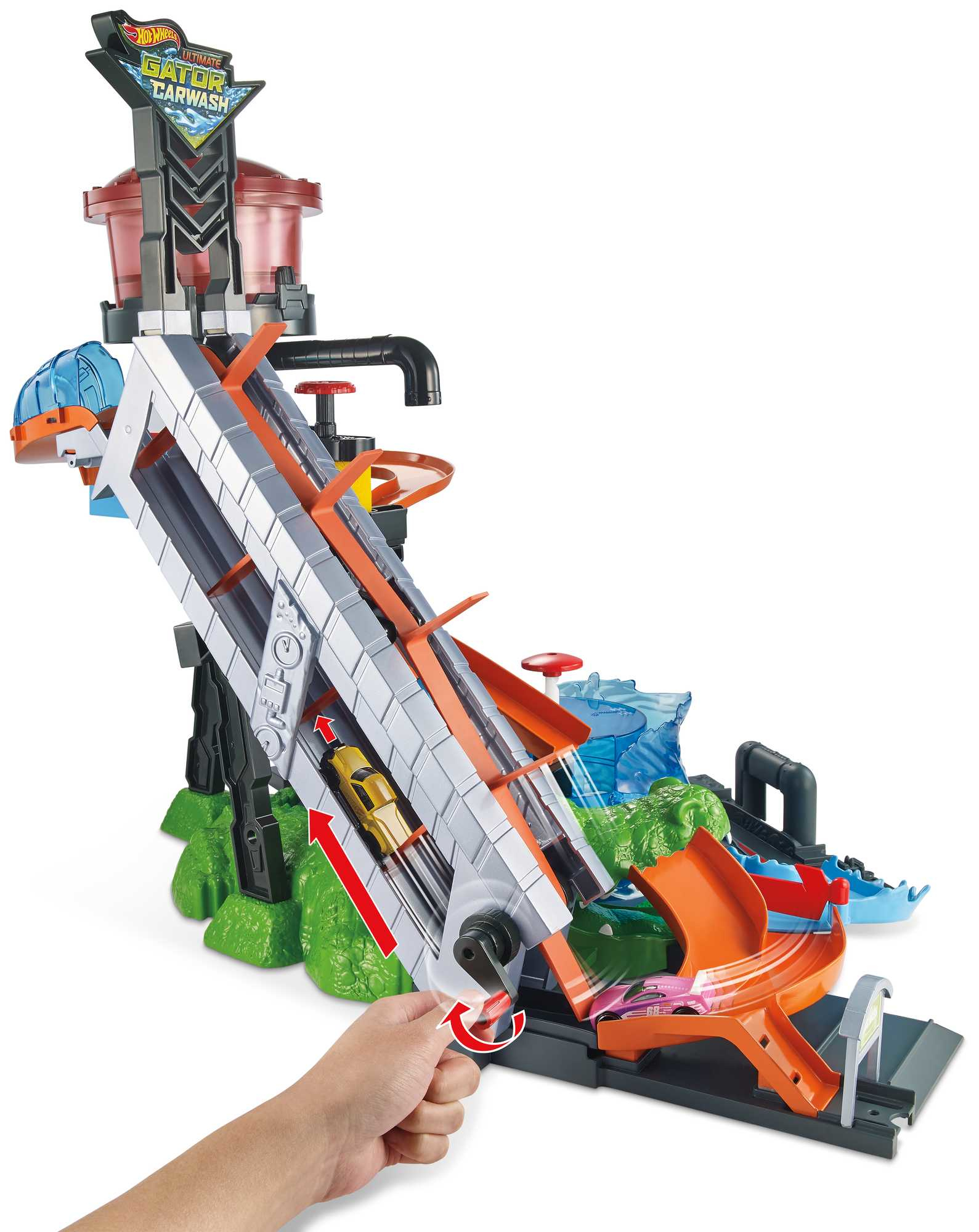 Hot Wheels Ultimate Gator Carwash Spielset mit Lift und Autos auf der Rennbahn.