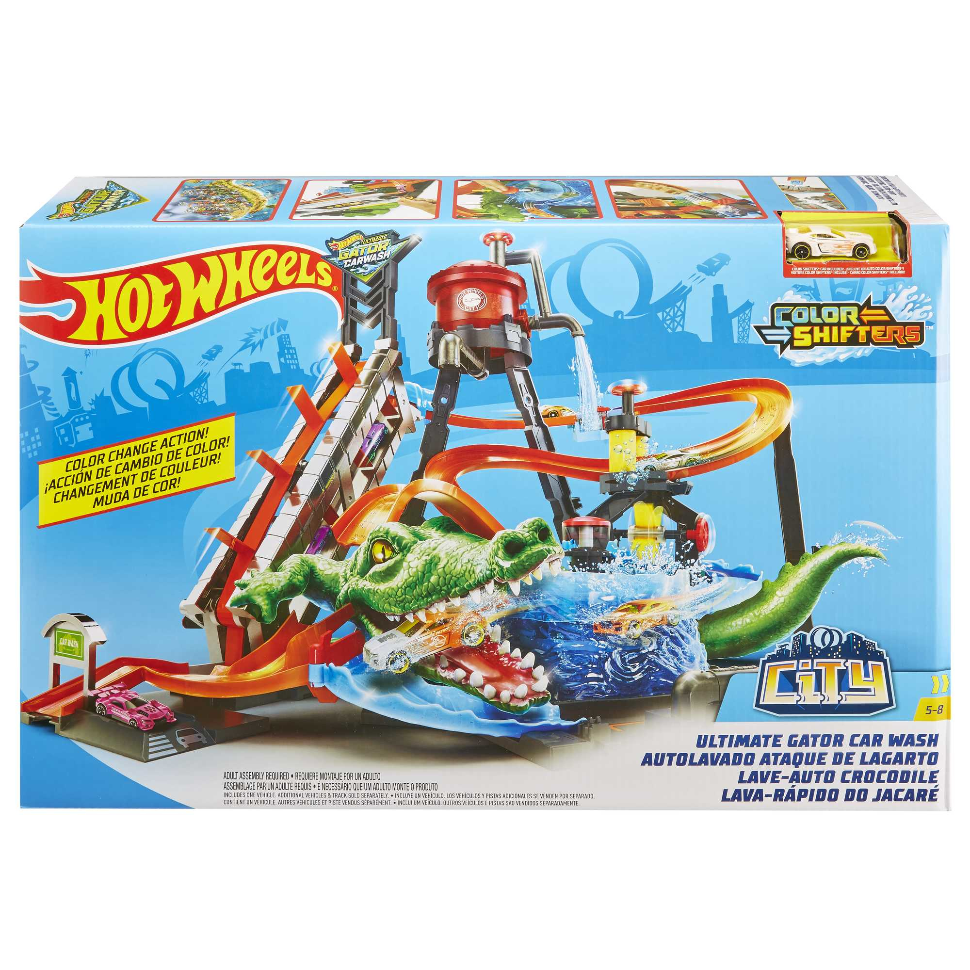 Hot Wheels City Ultimative Gator Autowäsche-Spielset mit Autos und einer großen Krokodilfigur auf der Verpackung.
