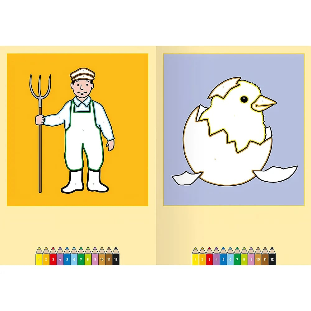 Una pagina da colorare con un contadino e un pulcino che esce dall'uovo, con matite colorate.