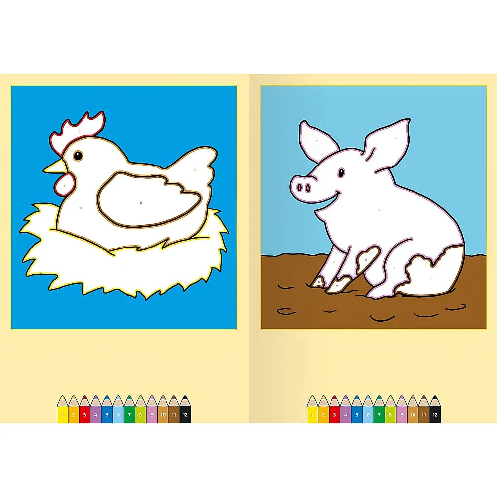 Una pagina da colorare con una gallina in un nido a sinistra e un maiale nel fango a destra, con pastelli.