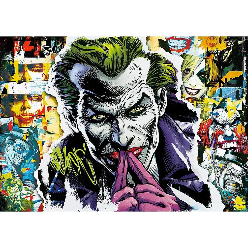 Der Joker in der Mitte mit violetten Handschuhen, umgeben von einer Collage aus verschiedenen Batman-Comic-Panels.