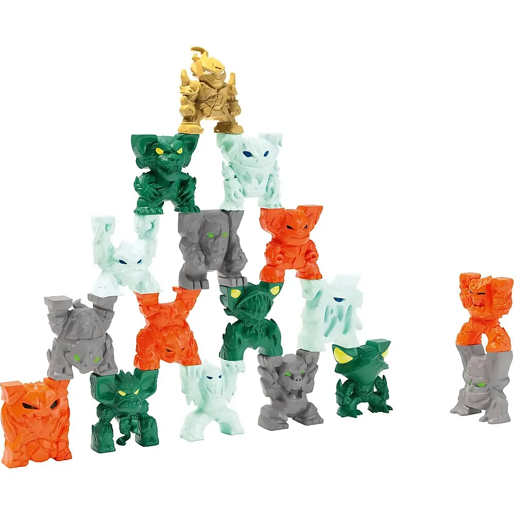Une pyramide de figurines de monstres colorées sur fond blanc, avec une autre à côté.