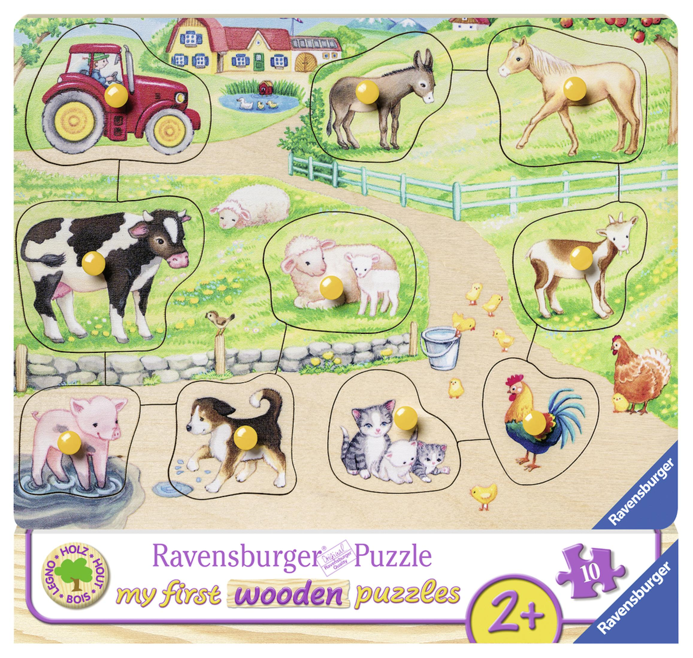 Holzpuzzle mit Bauernhofmotiven wie Tieren und Traktor, mit gelben Knöpfen zum Greifen.