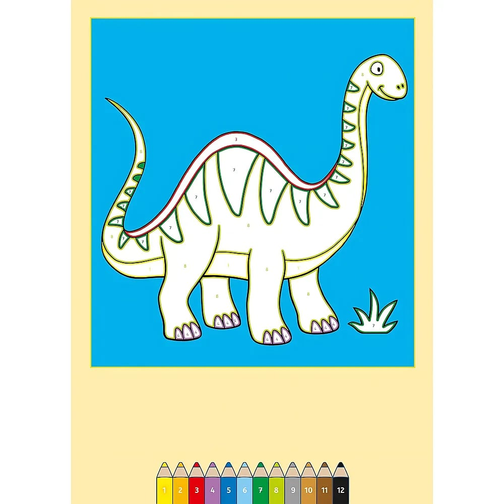 Modello di pittura con i numeri con un grande dinosauro su sfondo blu e dodici matite colorate in basso.