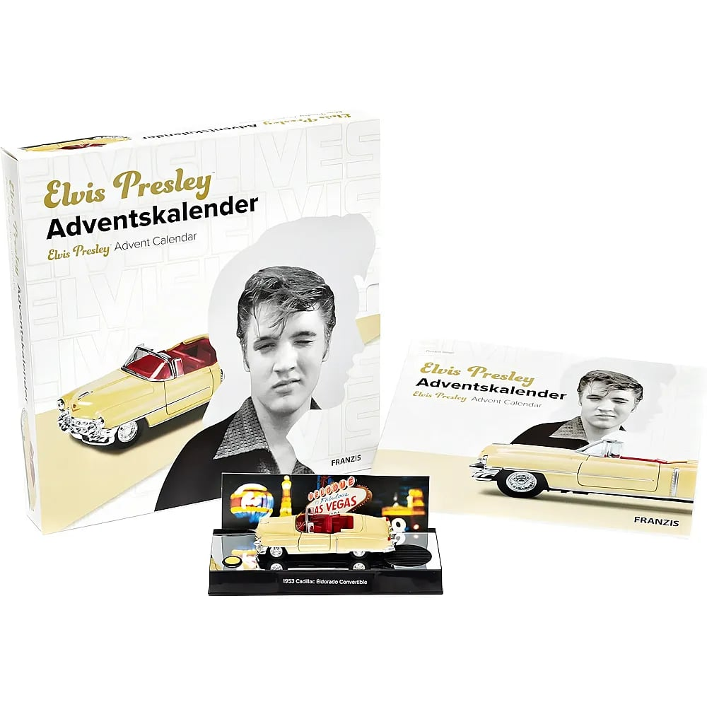 Ein Elvis Presley Adventskalender mit einer gelben Cadillac-Modellauto und einem beiliegenden Handbuch.