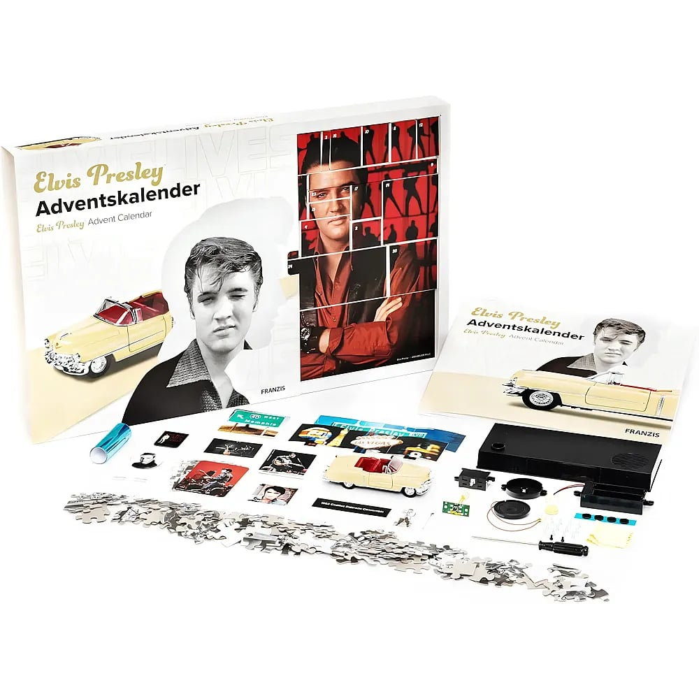 Elvis Presley Adventskalender mit Box, Anleitung, Puzzle, Modellauto und verschiedenen kleinen Teilen.
