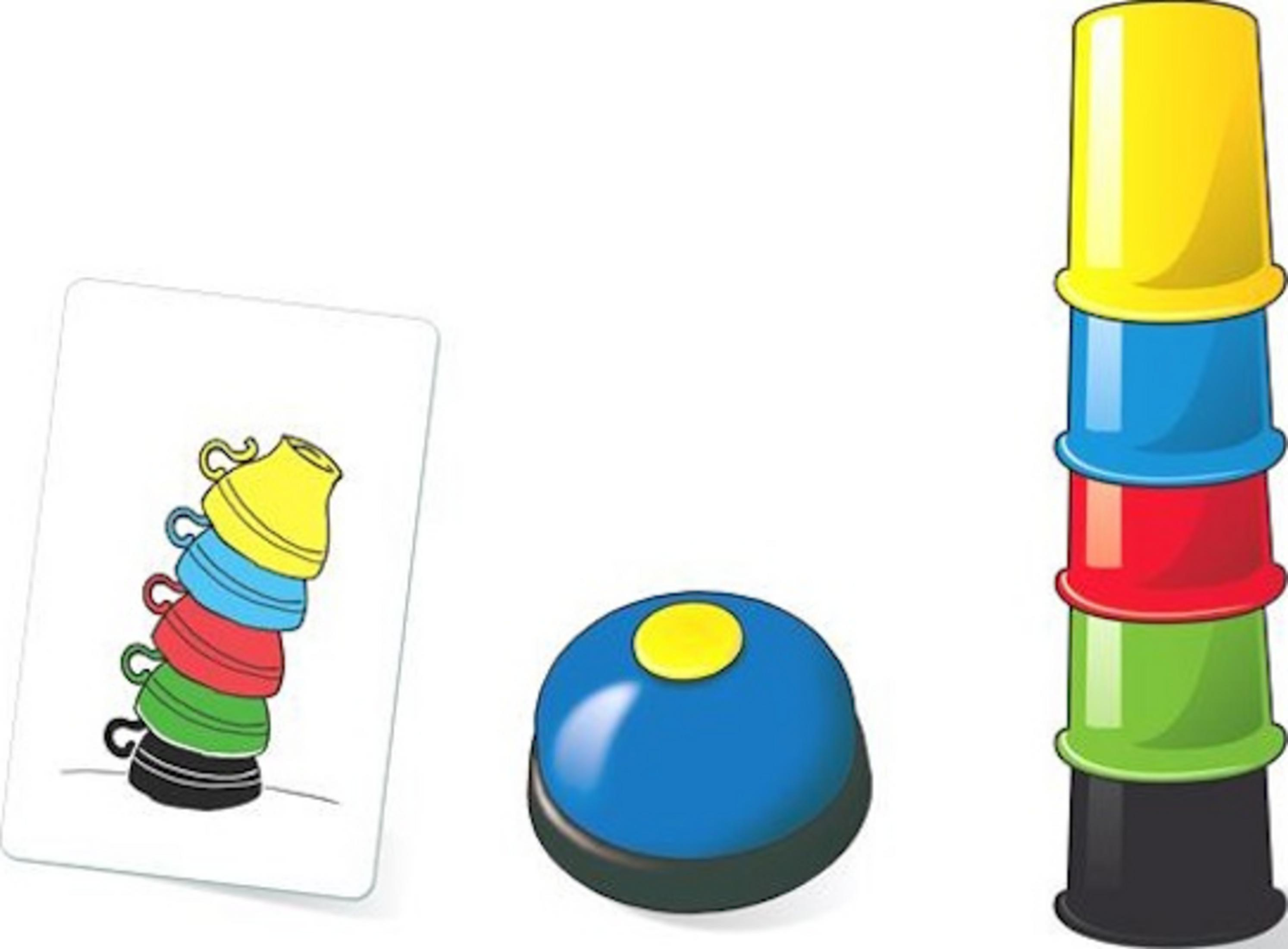 Une carte de jeu avec des tasses empilées, un buzzer bleu avec un bouton jaune et une haute tour de tasses.