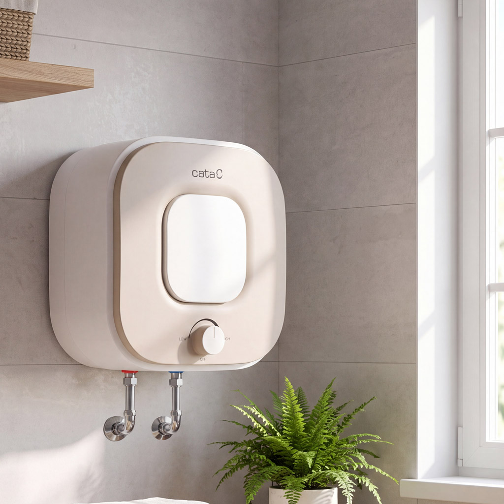 Un calentador de agua blanco y beis con perilla en una pared de azulejos grises, con una planta verde debajo.