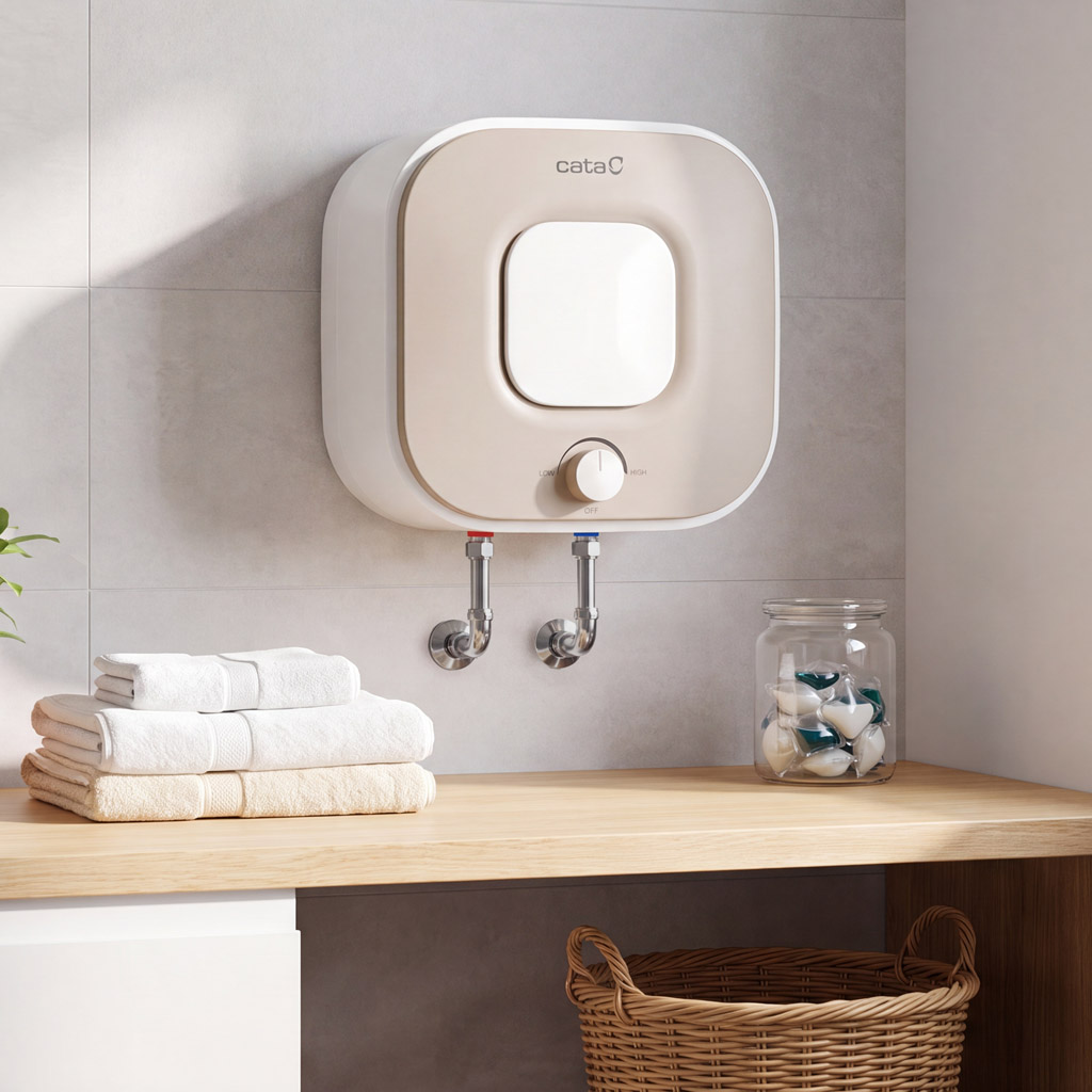 Un calentador de agua Cata blanco y beige en una pared con azulejos sobre una encimera de madera con toallas.