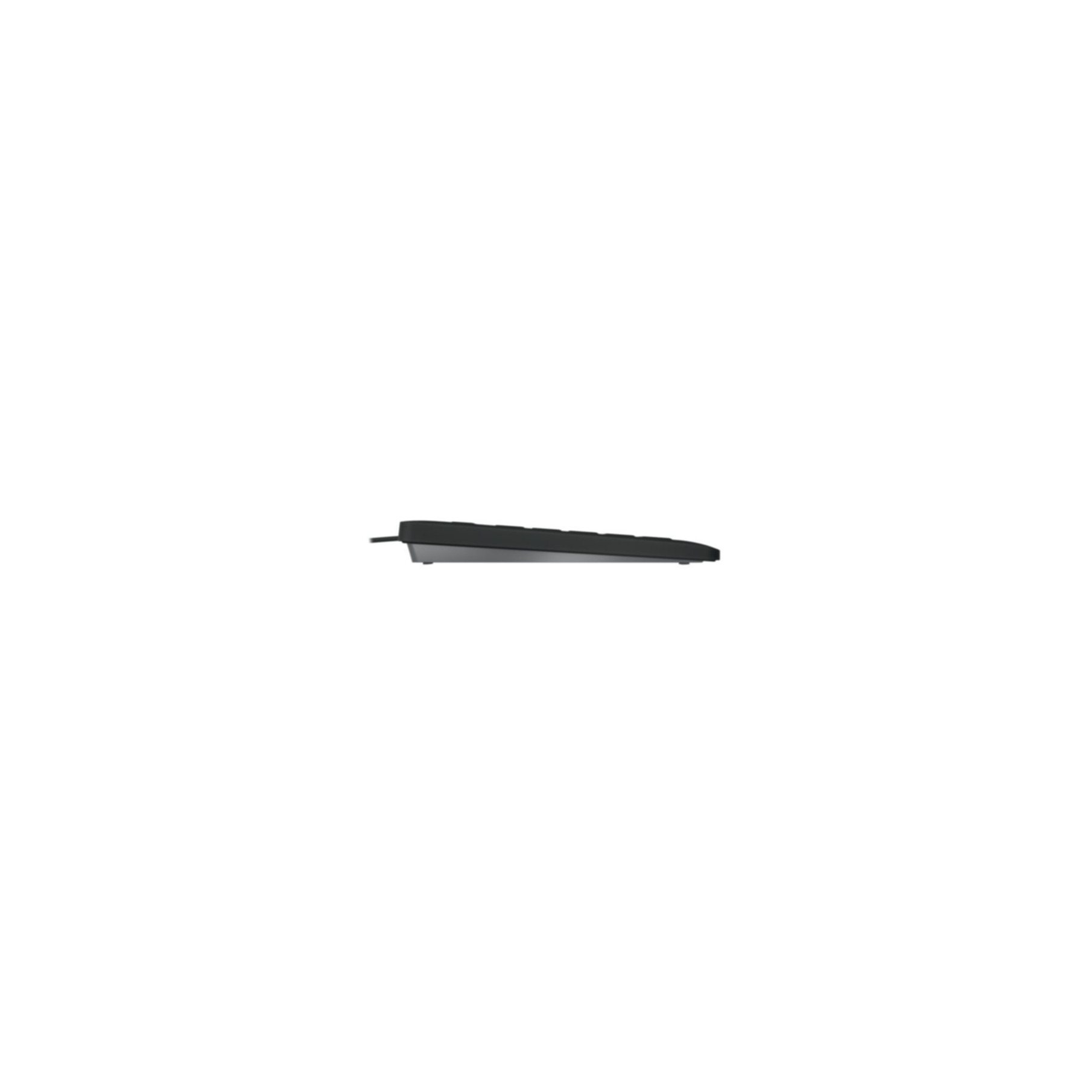 Un teclado negro visto desde un perfil lateral bajo sobre fondo blanco.