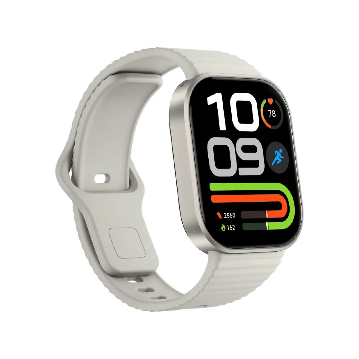 Eine silberne Smartwatch mit weißem Silikonarmband zeigt die Uhrzeit 10:09 und Fitnessdaten.