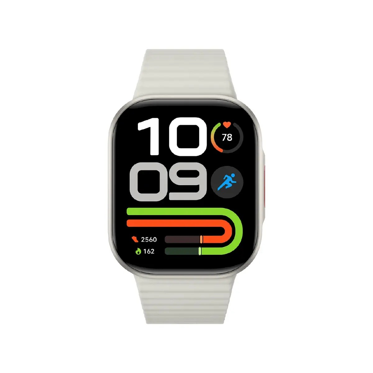 Eine weiße Smartwatch mit rechteckigem Display zeigt die Uhrzeit, Herzfrequenz und Aktivitätsringe an.