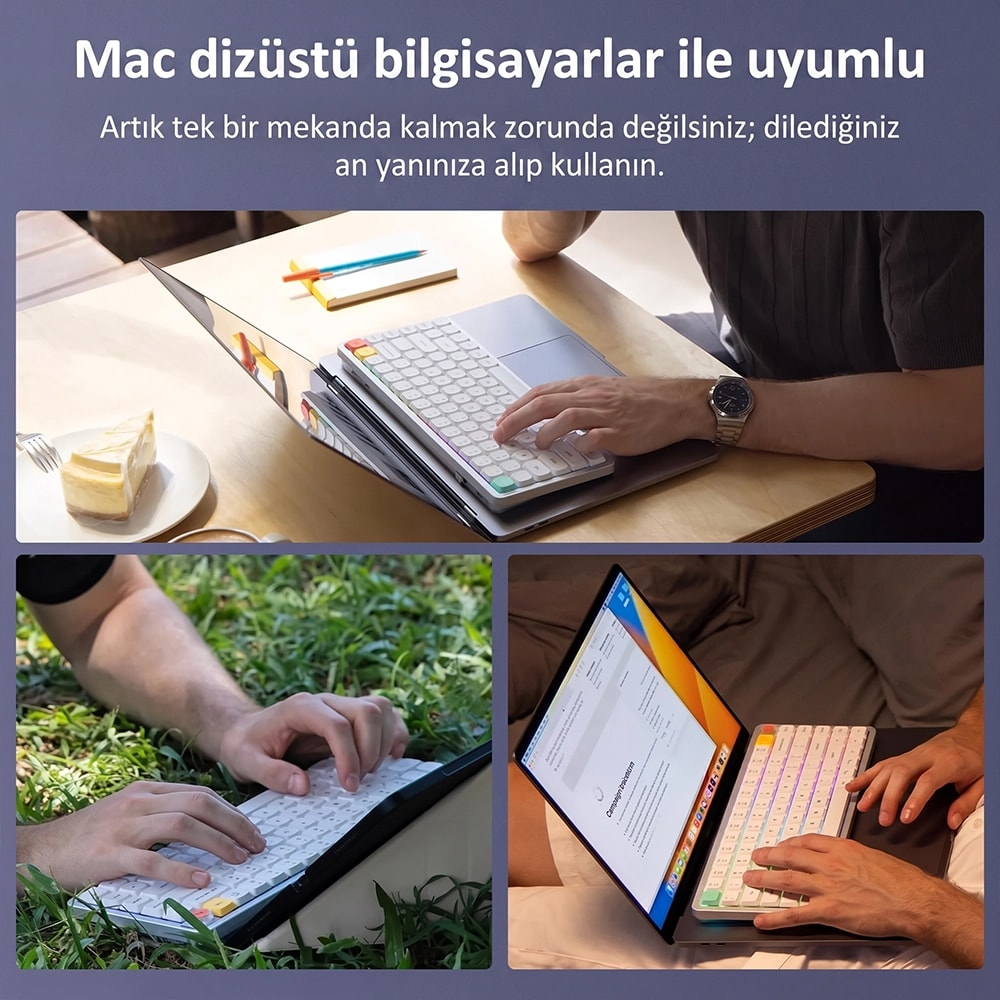Osoba korzysta z laptopa z przenośną białą klawiaturą w trzech różnych miejscach.