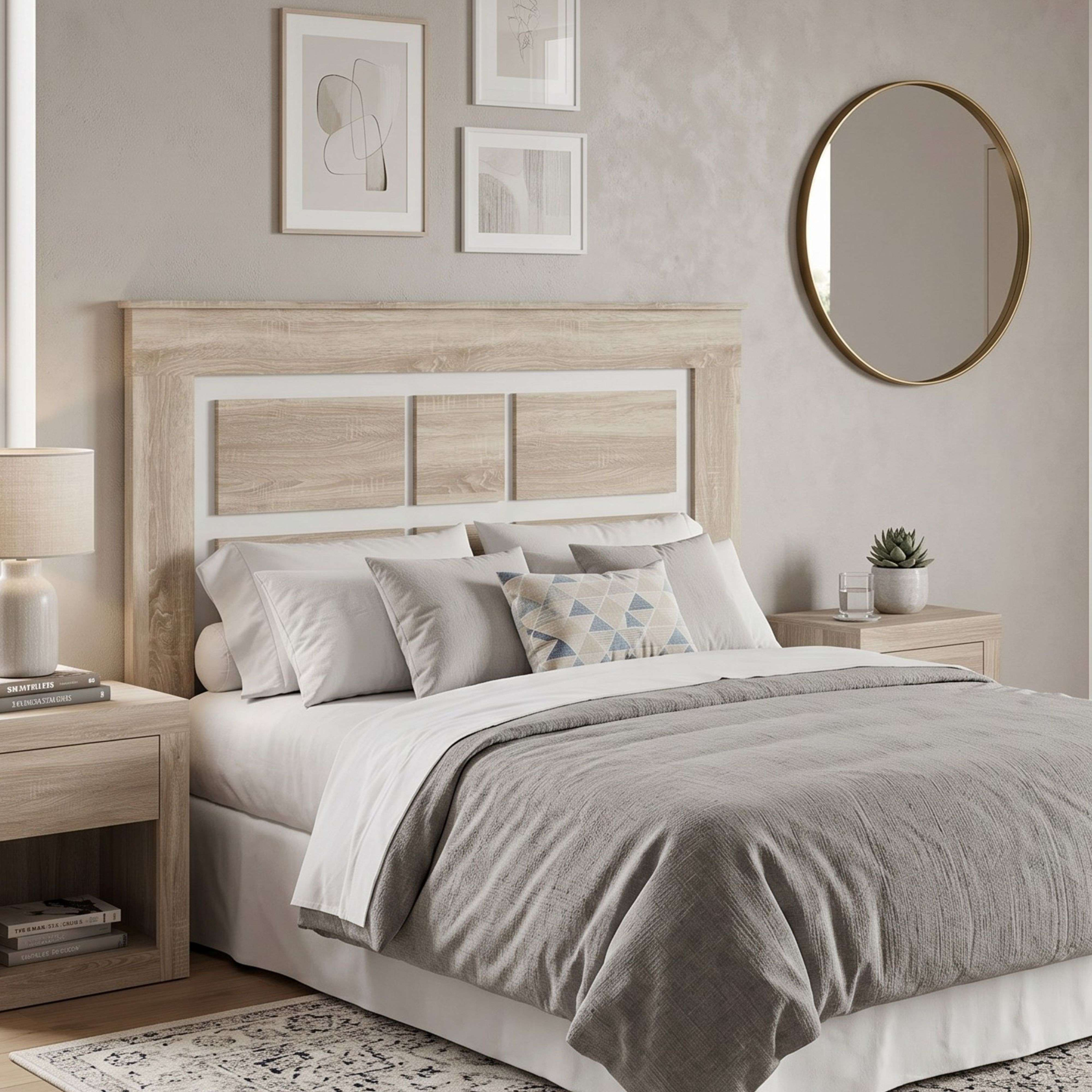 Dormitorio acogedor con cabecero de madera, ropa de cama gris, mesitas de noche y un espejo redondo.