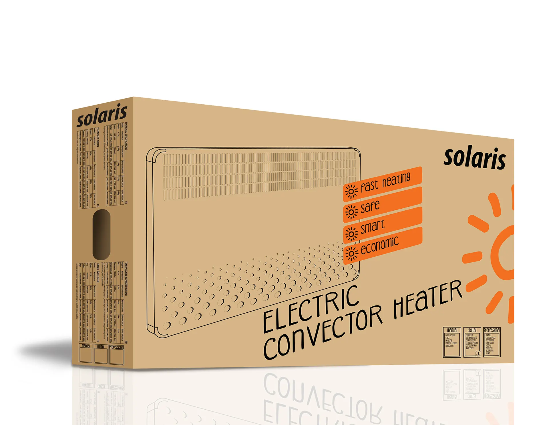 Solaris elektrikli konvektör ısıtıcı için karton ambalaj kutusu.