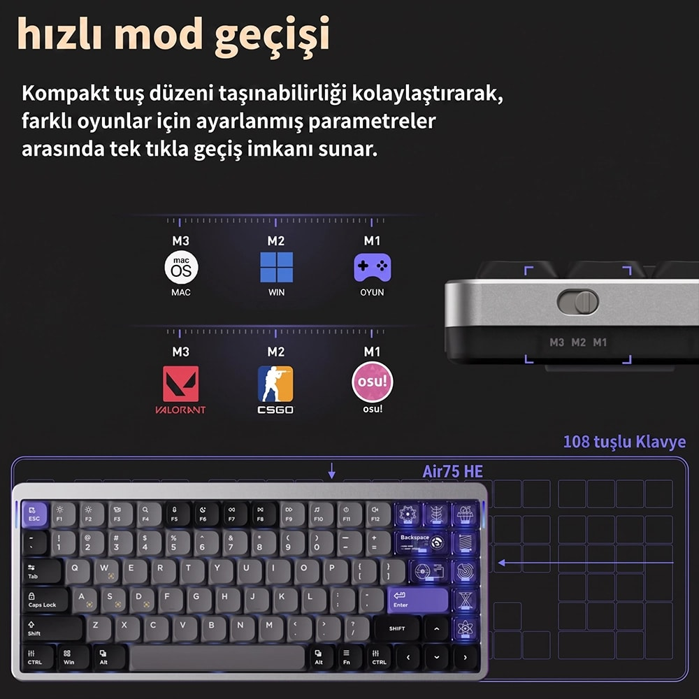 Mod anahtarı ve oyun profilleri grafikleri içeren kompakt Air75 HE klavye.