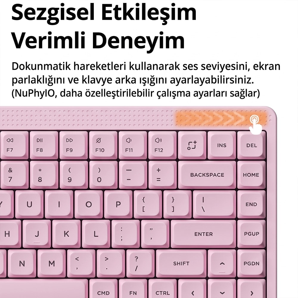 Różowa klawiatura bezprzewodowa z panelem dotykowym u góry po prawej i tureckim tekstem powyżej.