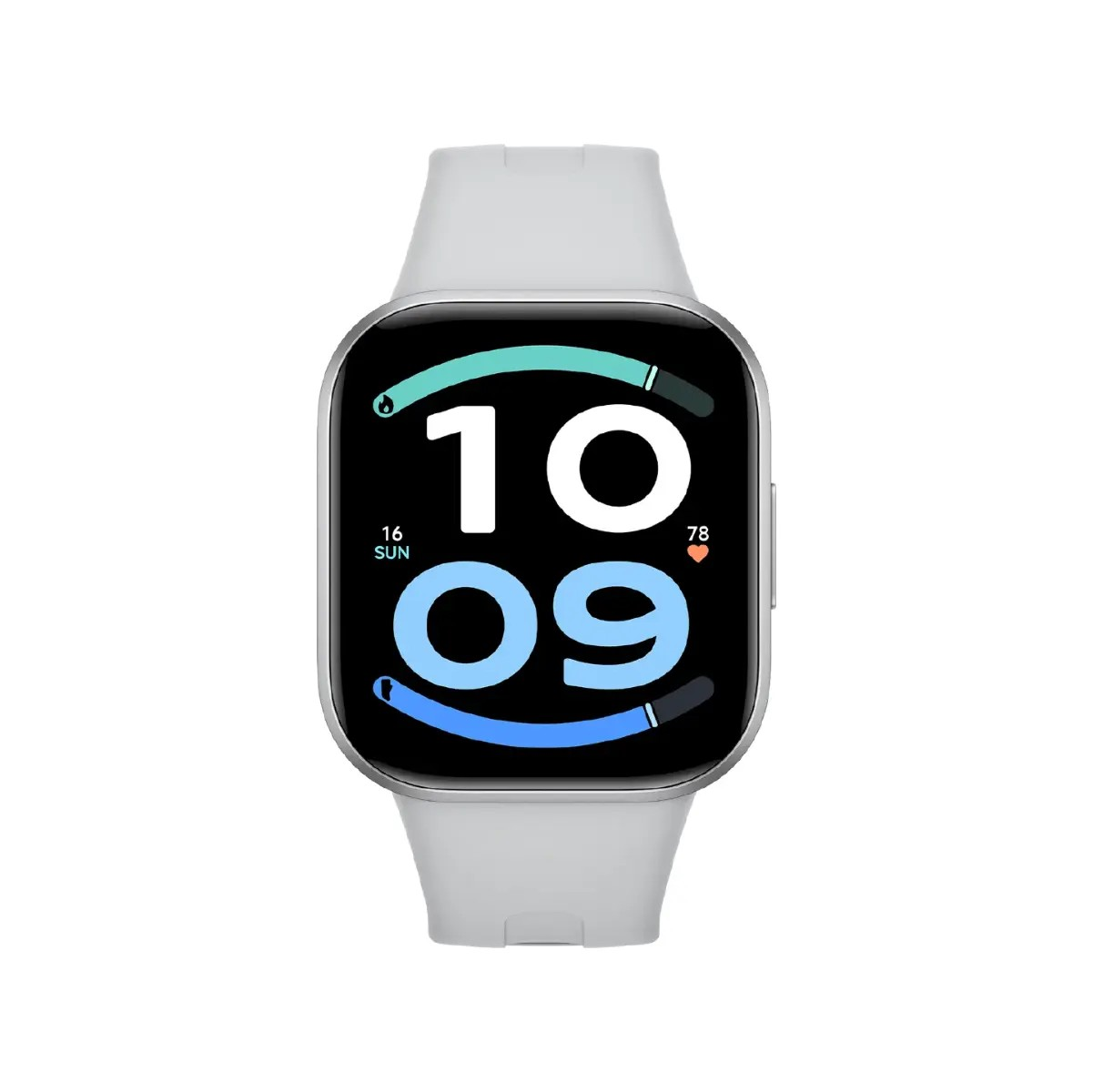 Eine silberne Smartwatch mit grauem Armband zeigt die Uhrzeit 10:09, das Datum und Aktivitätsringe.