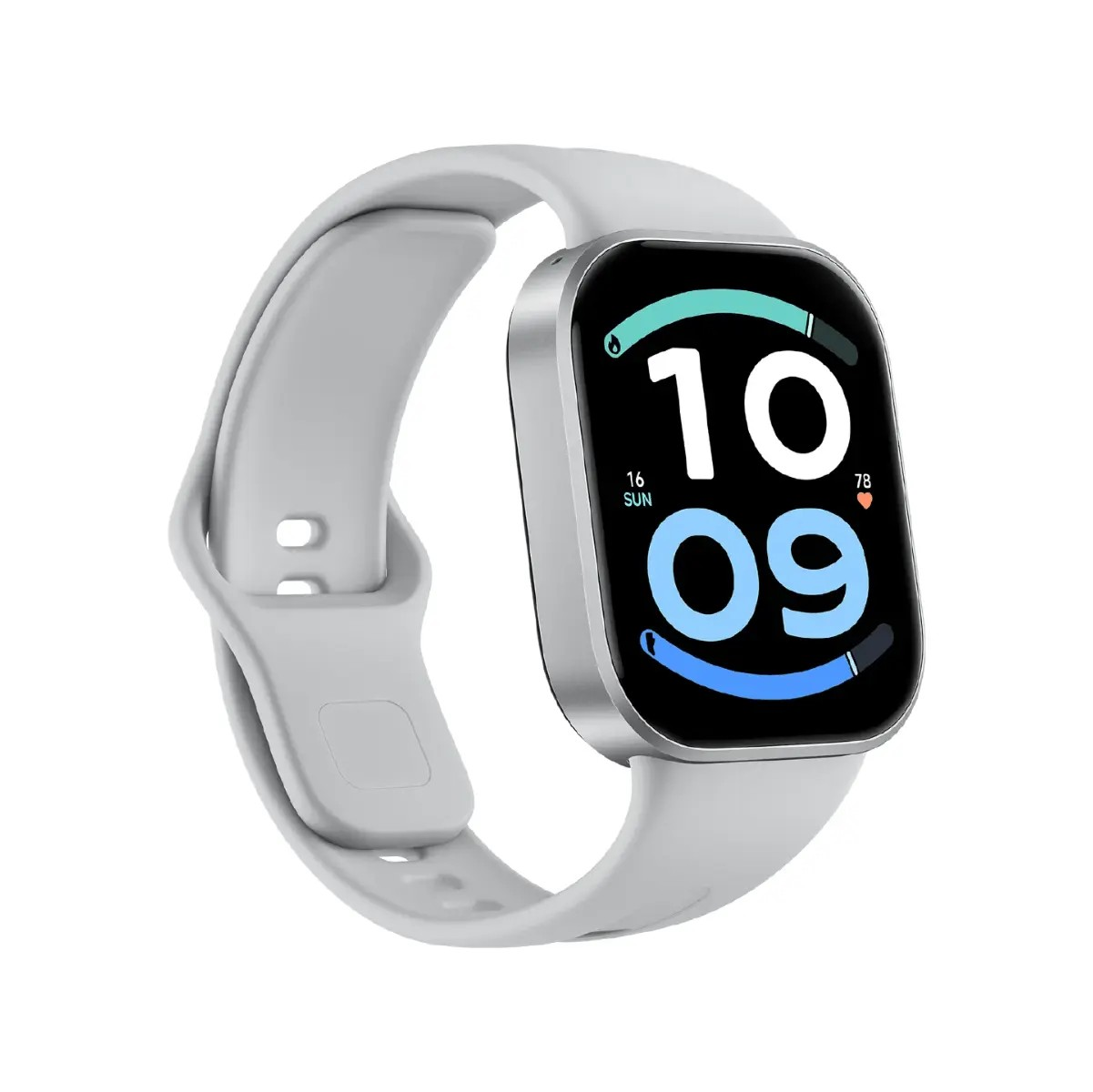 Eine silberne Smartwatch mit grauem Armband zeigt die Zeit 10:09 und Fitness-Daten auf schwarzem Bildschirm.
