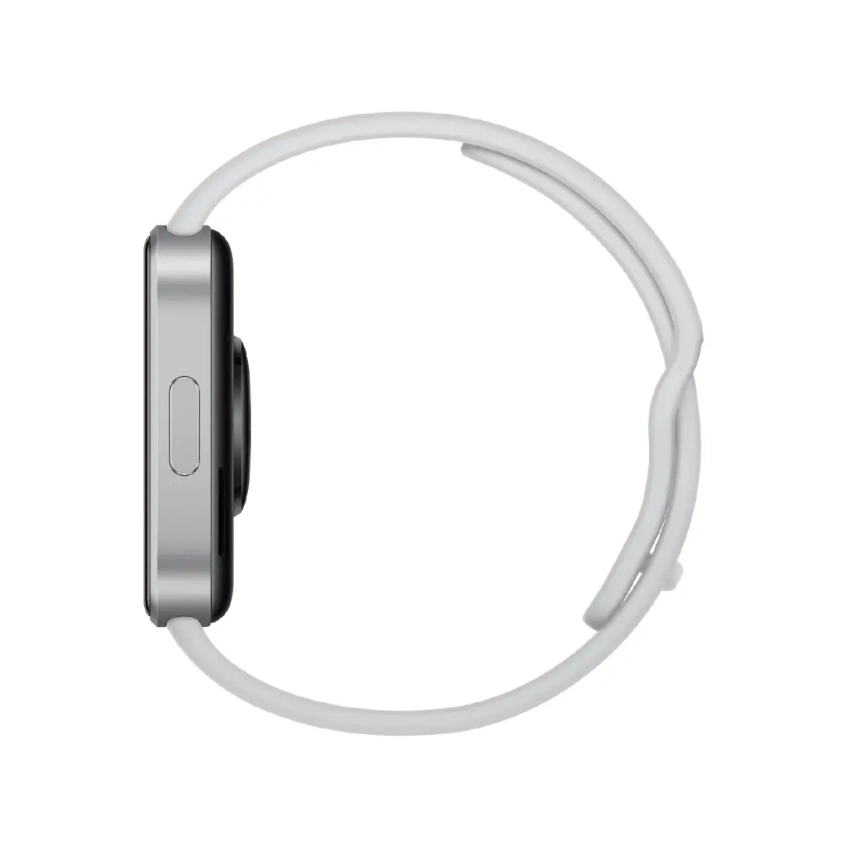 Seitenansicht einer Smartwatch mit silbernem Gehäuse und weißem Silikonarmband auf weißem Hintergrund.
