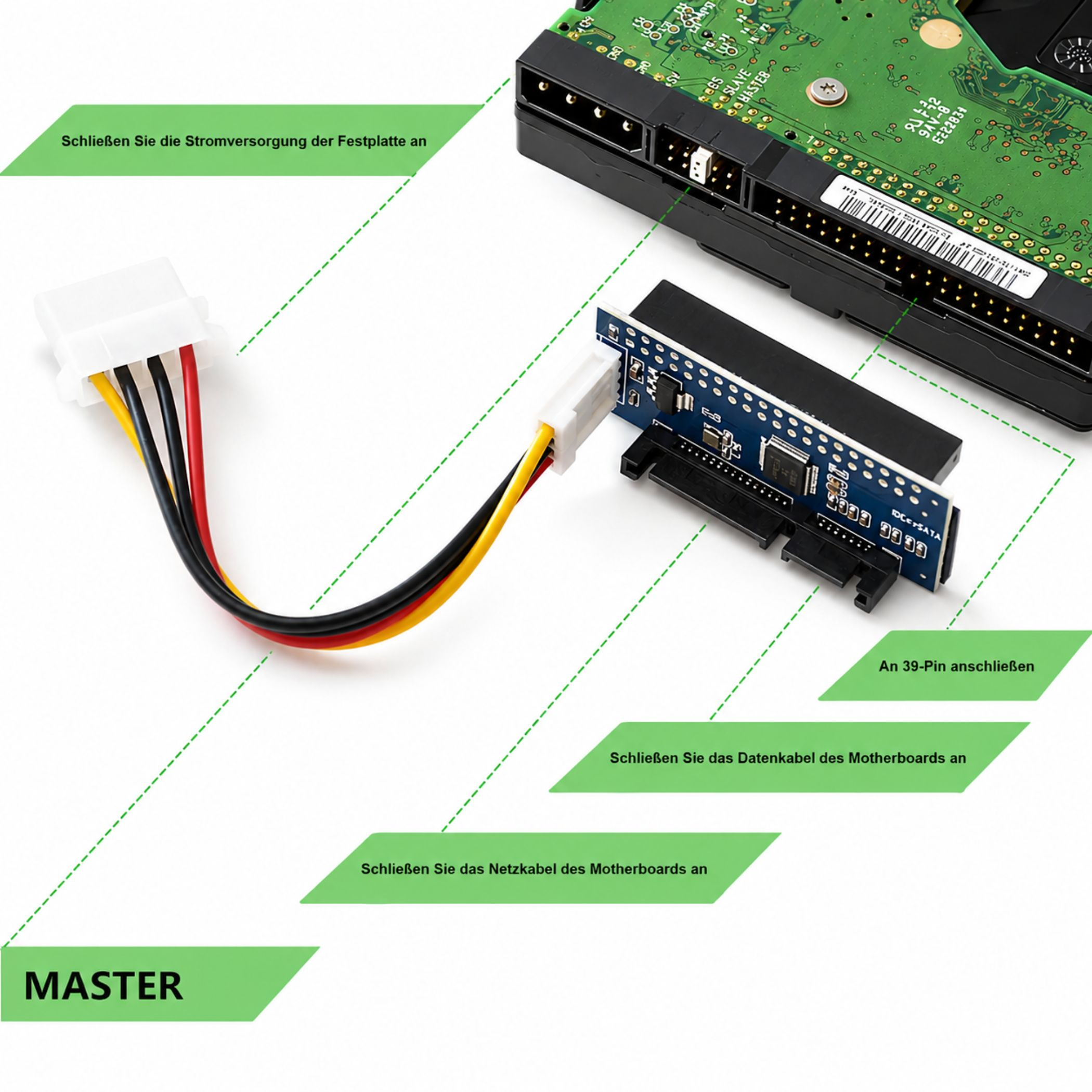Ein Diagramm zeigt den Anschluss einer IDE-Festplatte an ein Adapterboard mit Strom- und Datenkabeln.