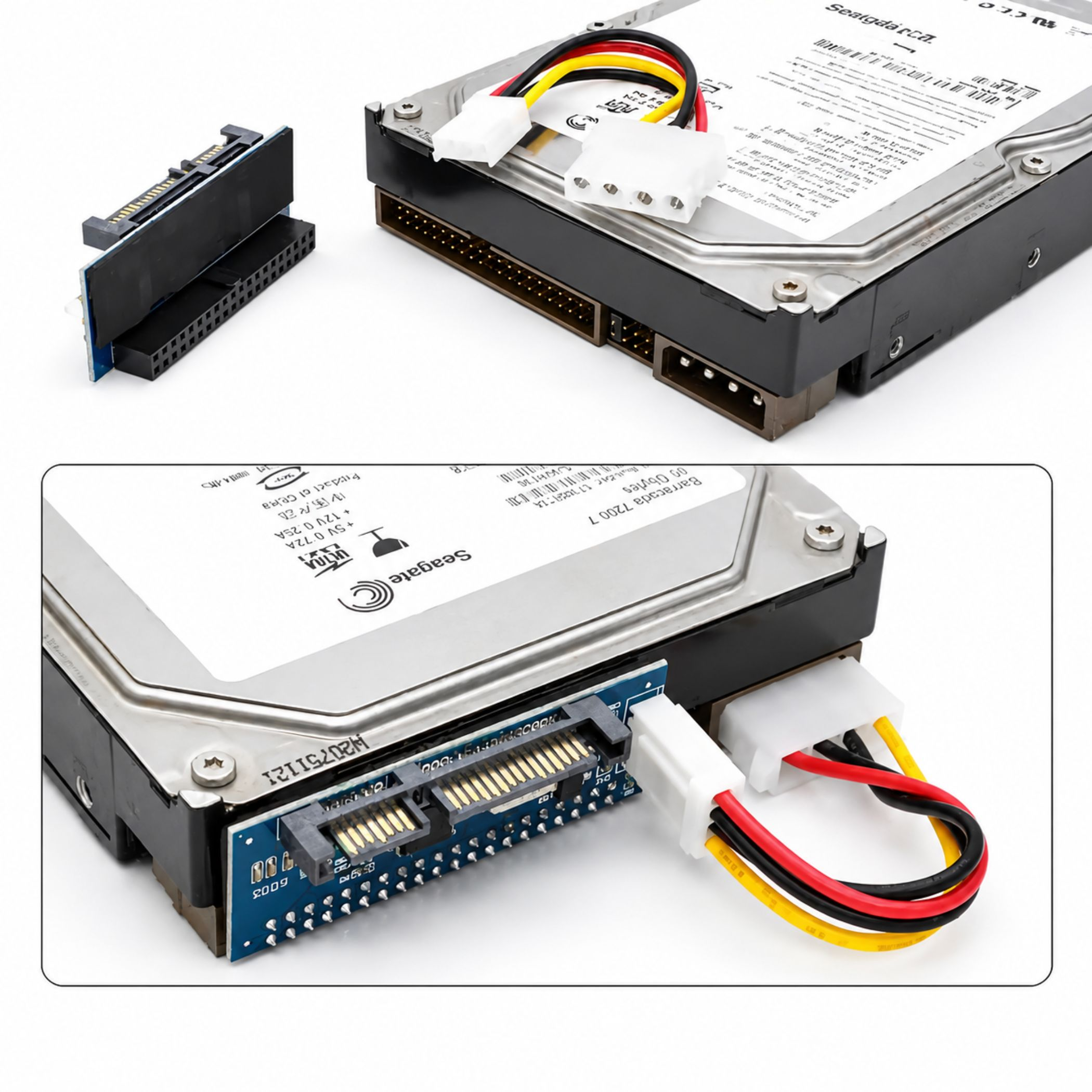 IDE-zu-SATA-Adapter verbunden mit einer Festplatte und Stromkabeln.