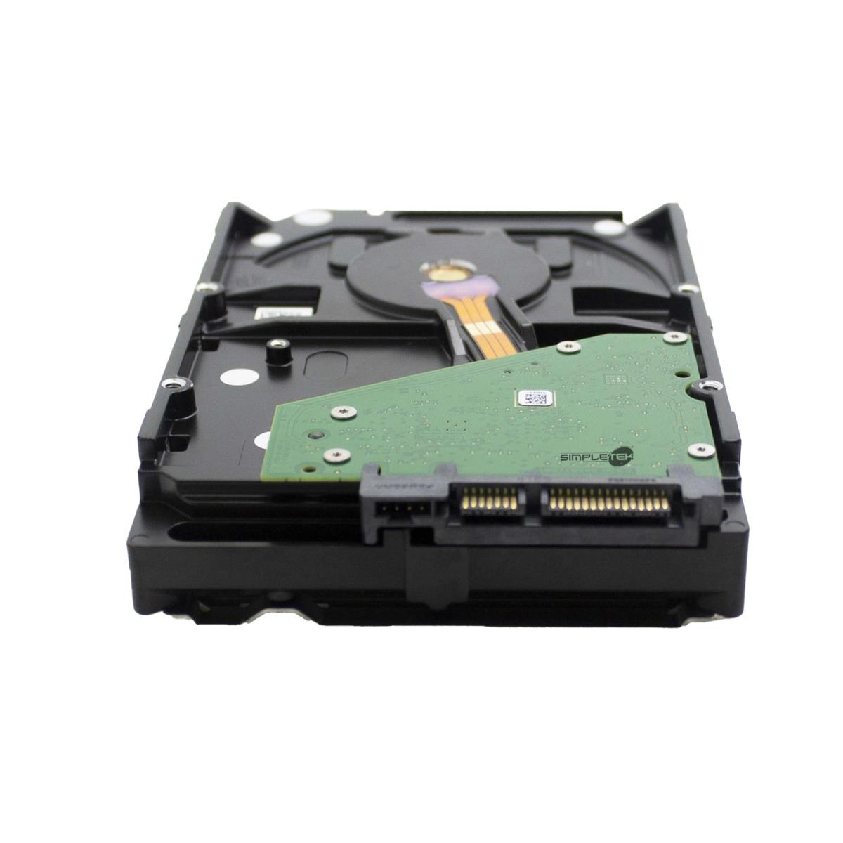 Hard disk interno visto dal lato connettore con circuito verde visibile.
