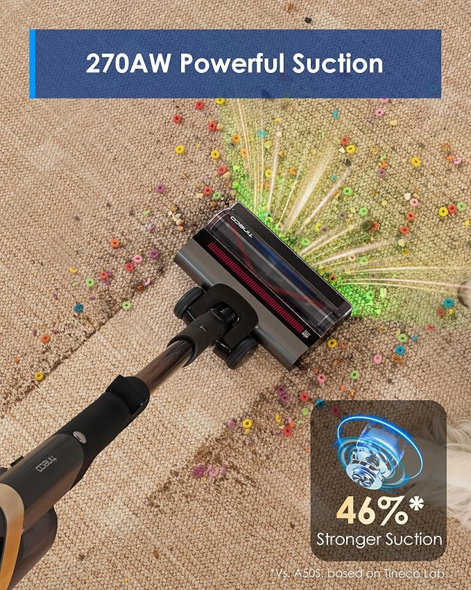 Un aspirateur nettoie tapis avec céréales et saleté, texte montre 270AW et 46% de puissance en plus.