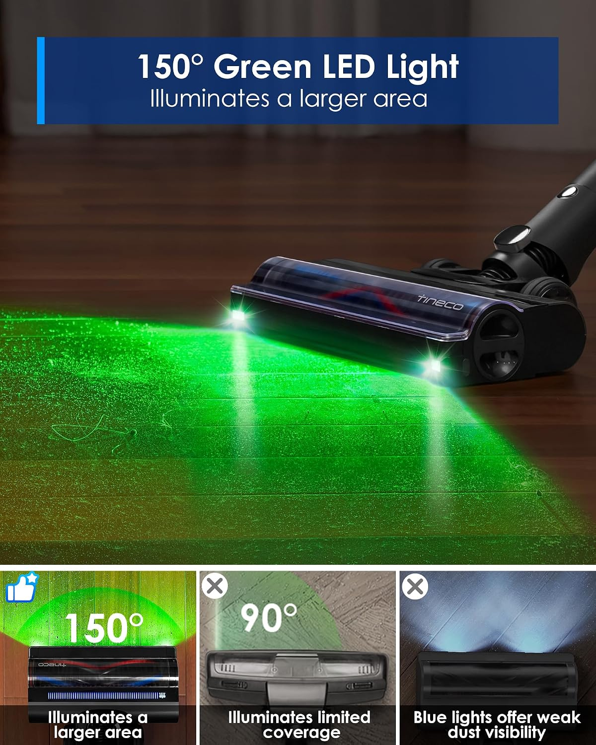 Un aspirateur éclaire le sol en bois avec une lumière LED verte vive pour une meilleure visibilité.