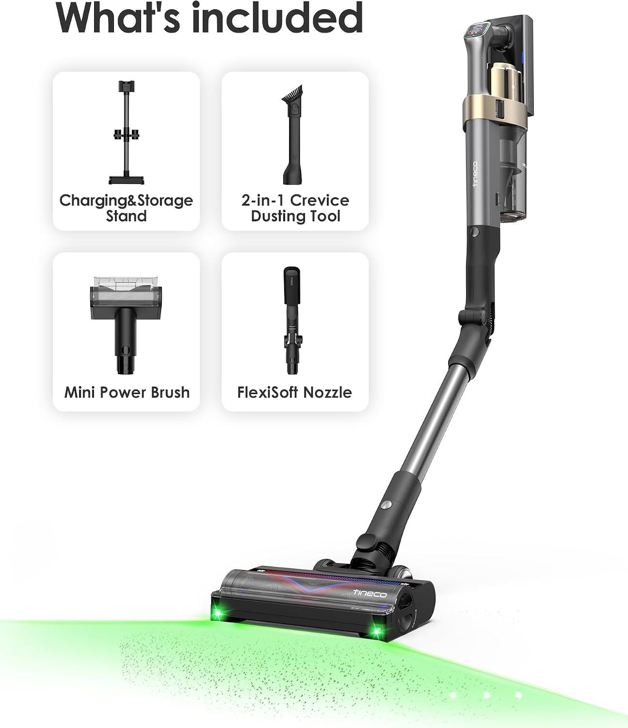 Un aspirateur sans fil illustré avec quatre accessoires étiquetés.