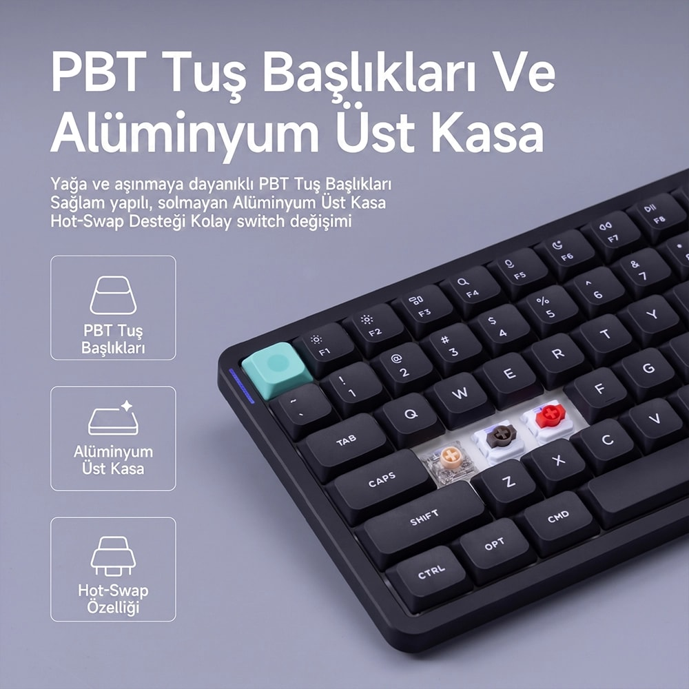 Czarna klawiatura mechaniczna z nasadkami PBT, aluminiową obudową i przełącznikami.