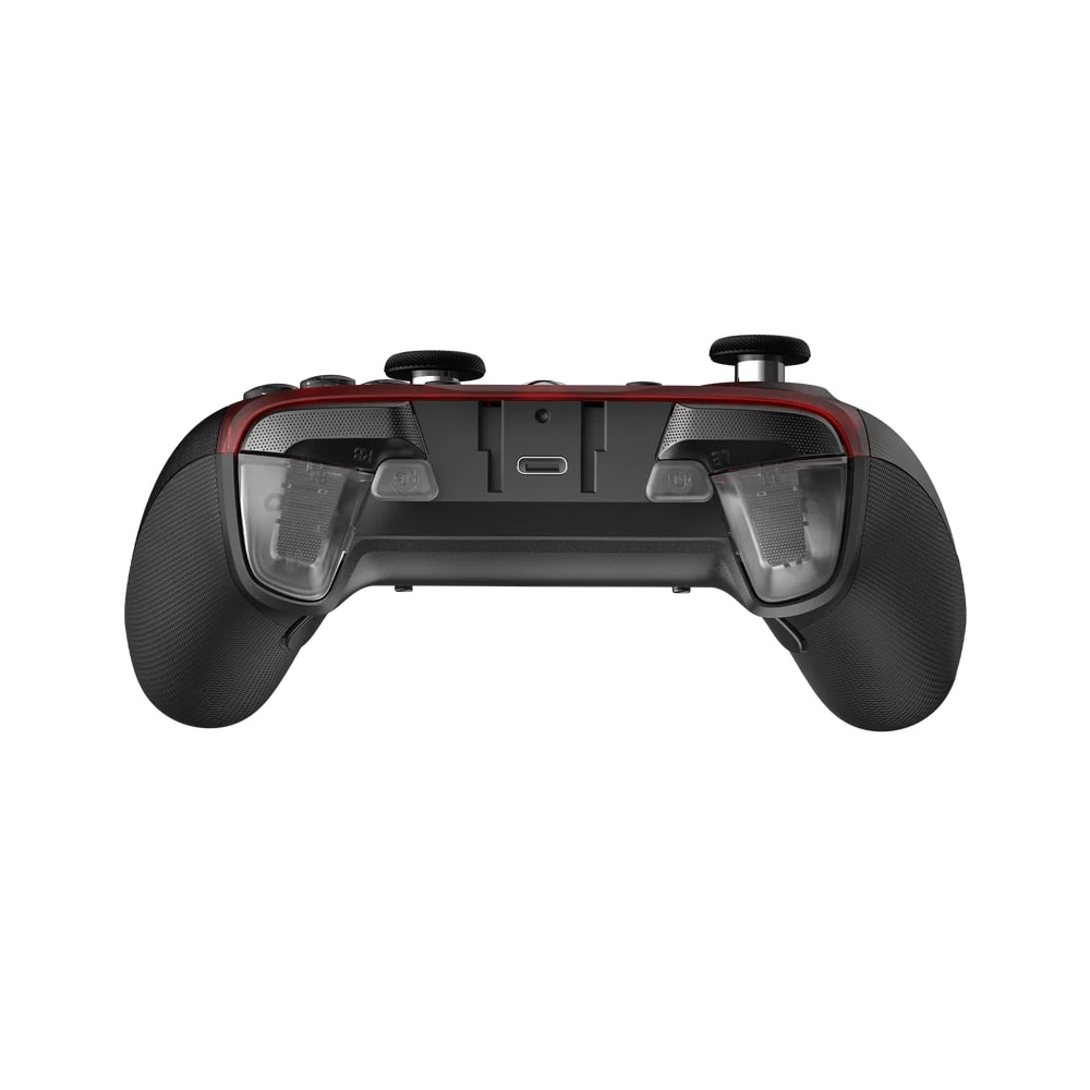 Widok z tyłu czarnego kontrolera z portem USB-C i przezroczystymi spustami.
