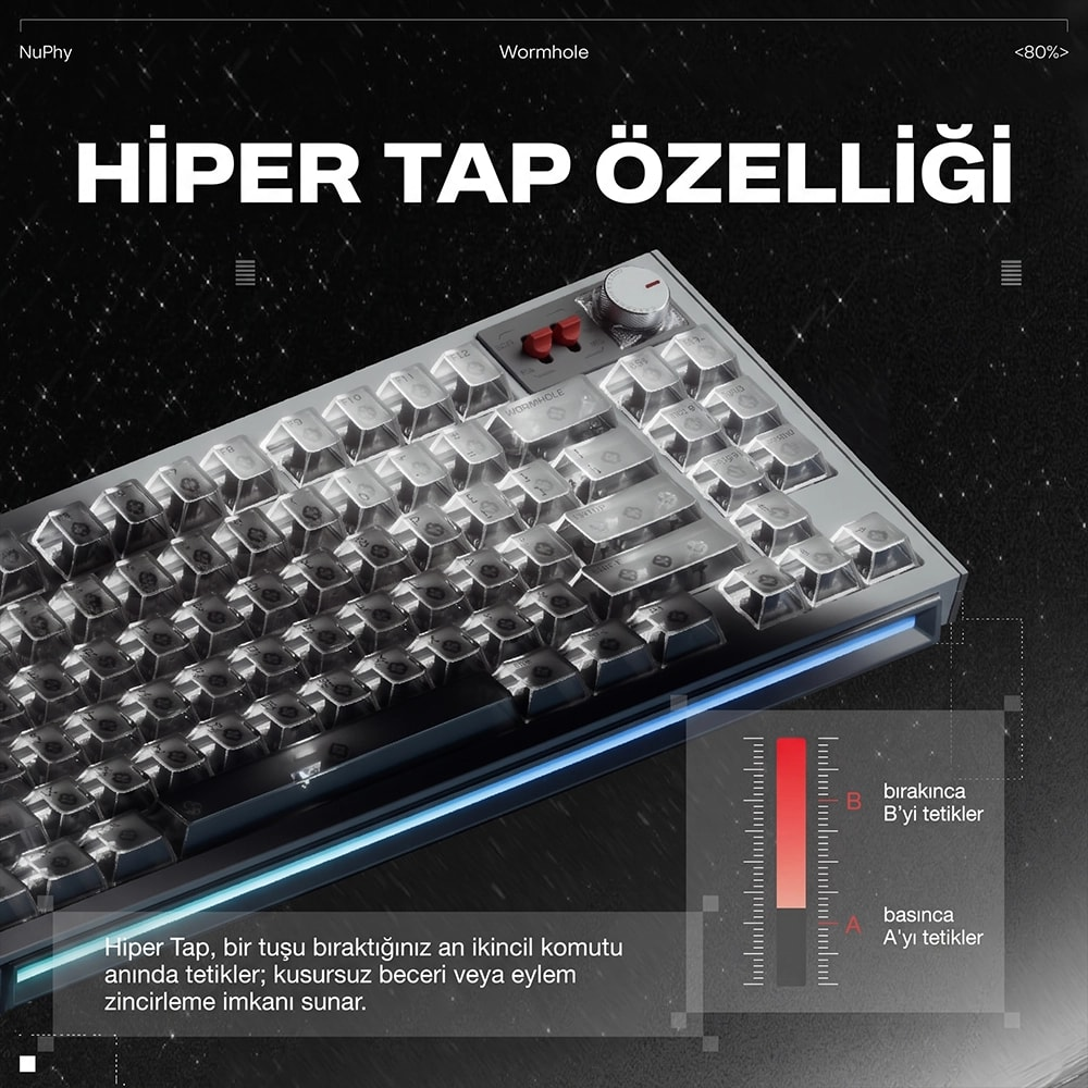Srebrna klawiatura mechaniczna z przezroczystymi klawiszami i tekstem na ciemnym tle.