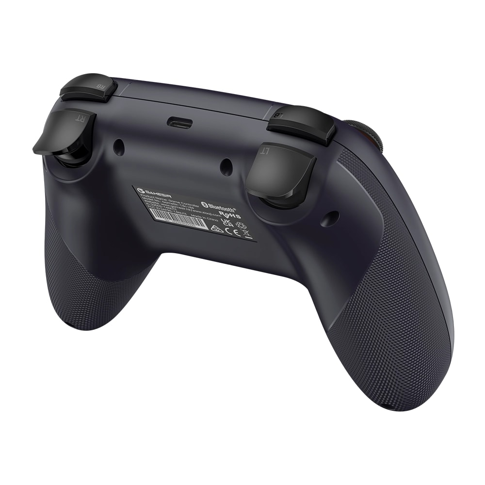 Vue arrière d'une manette de jeu sans fil bleu foncé montrant les boutons de tranche, le port de charge et les poignées texturées.