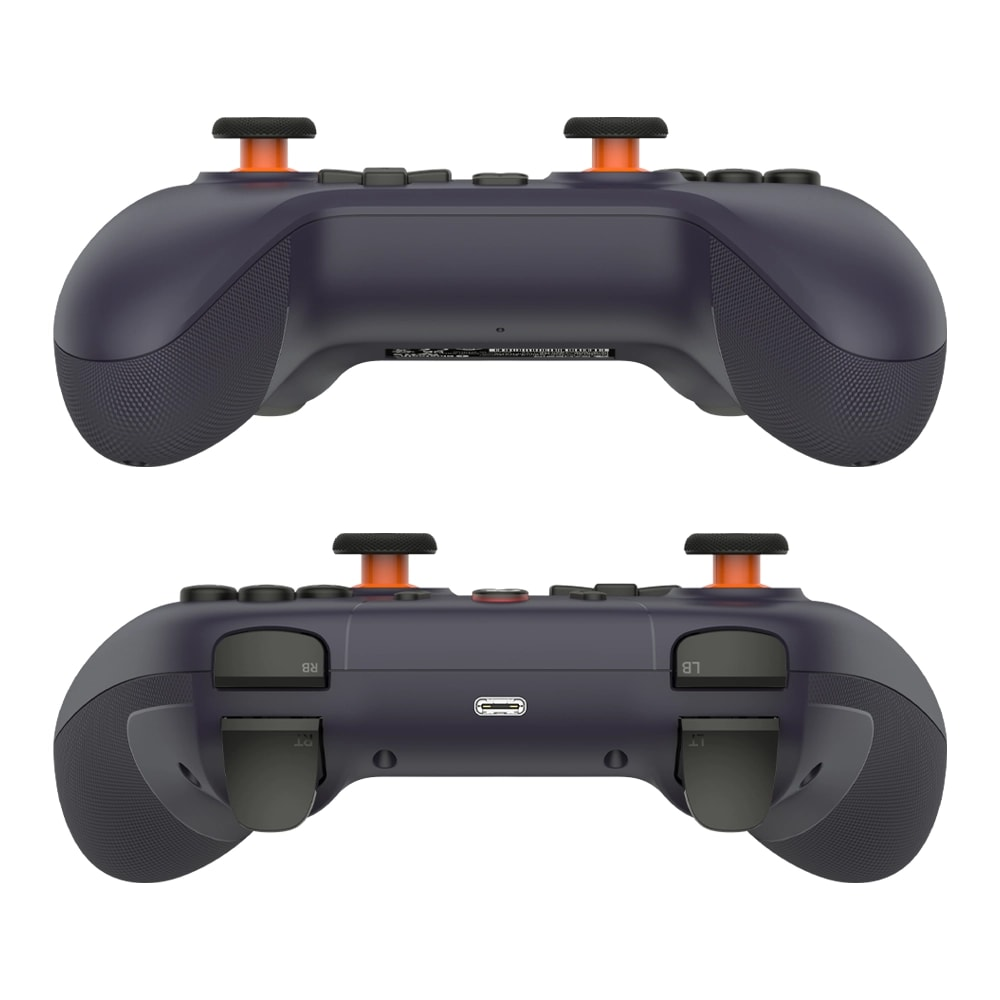 Deux vues d'une manette sombre avec des accents orange et des poignées texturées.