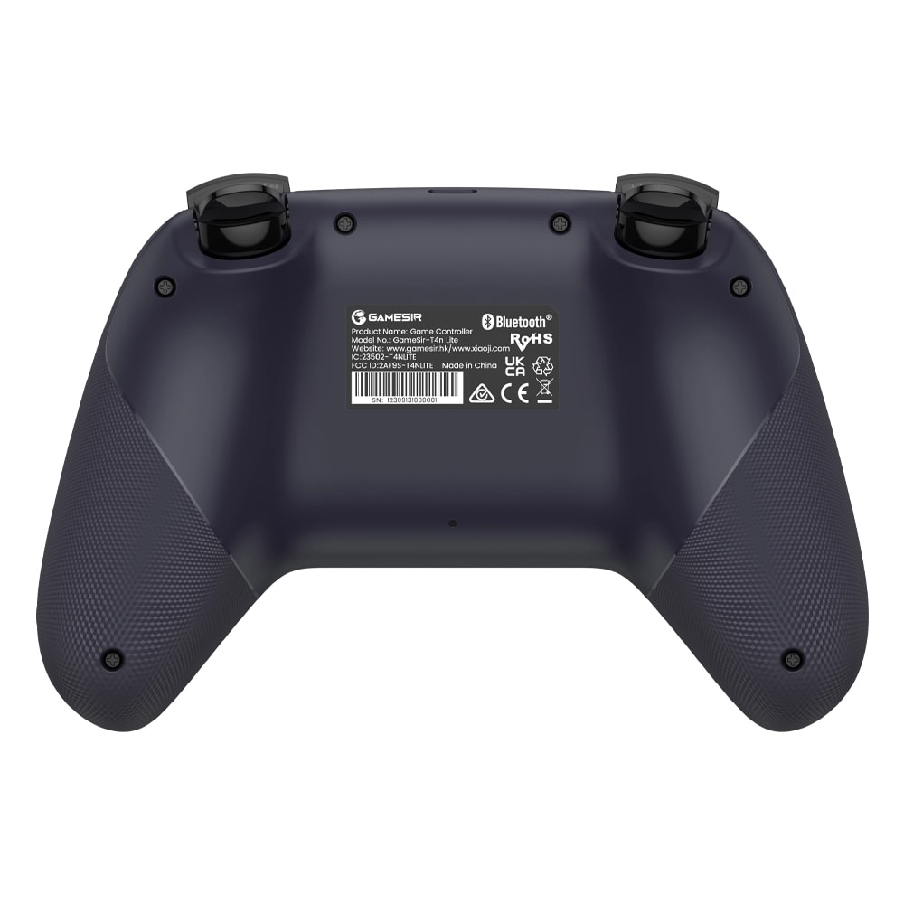 Vue arrière d'une manette GameSir bleu foncé avec poignées texturées et étiquette.