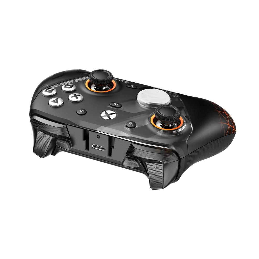 İki joystick, renkli aksiyon tuşları, tetikler ve USB-C bağlantı noktasına sahip siyah kablosuz oyun kumandası.