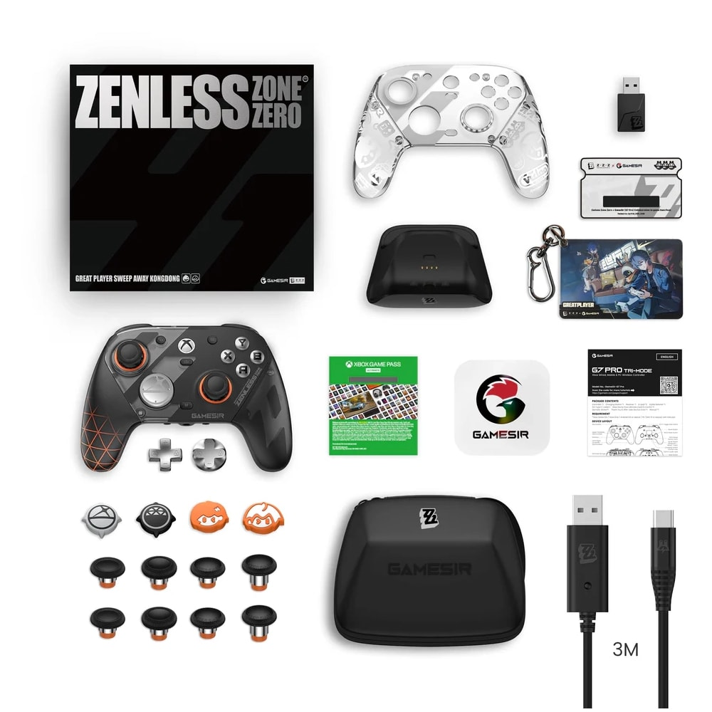Kutu, kontrolcü, şarj istasyonu, çanta, USB kablo ve aksesuarlardan oluşan Zenless Zone Zero GameSir seti.
