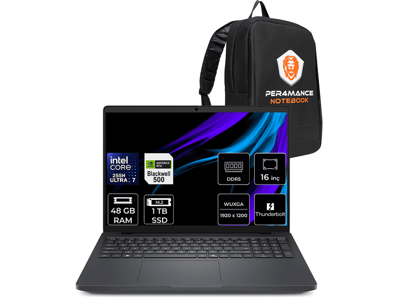 DELL Pro Max 16 RTX Pro 500 6GB FHD+ MC16250P333 Intel Core Ultra 7 255H 48 GB RAM 1 TB SSD 16 inç FreeDOS Laptop+Çanta Siyah