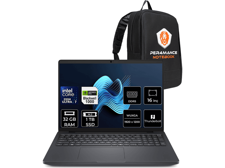 DELL Pro Max 16 RTX Pro 1000 8GB FHD+ MC16250P321 Intel Core Ultra 7 255H 32 GB RAM 1 TB SSD 16 inç FreeDOS Laptop+Çanta Siyah