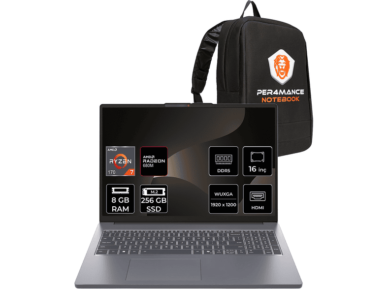 LENOVO IP Slim 3 FHD+ 83K800DKTR7P301 AMD Ryzen 7 170 8 GB RAM 256 GB SSD 16 inç FreeDOS Laptop+Çanta Gri