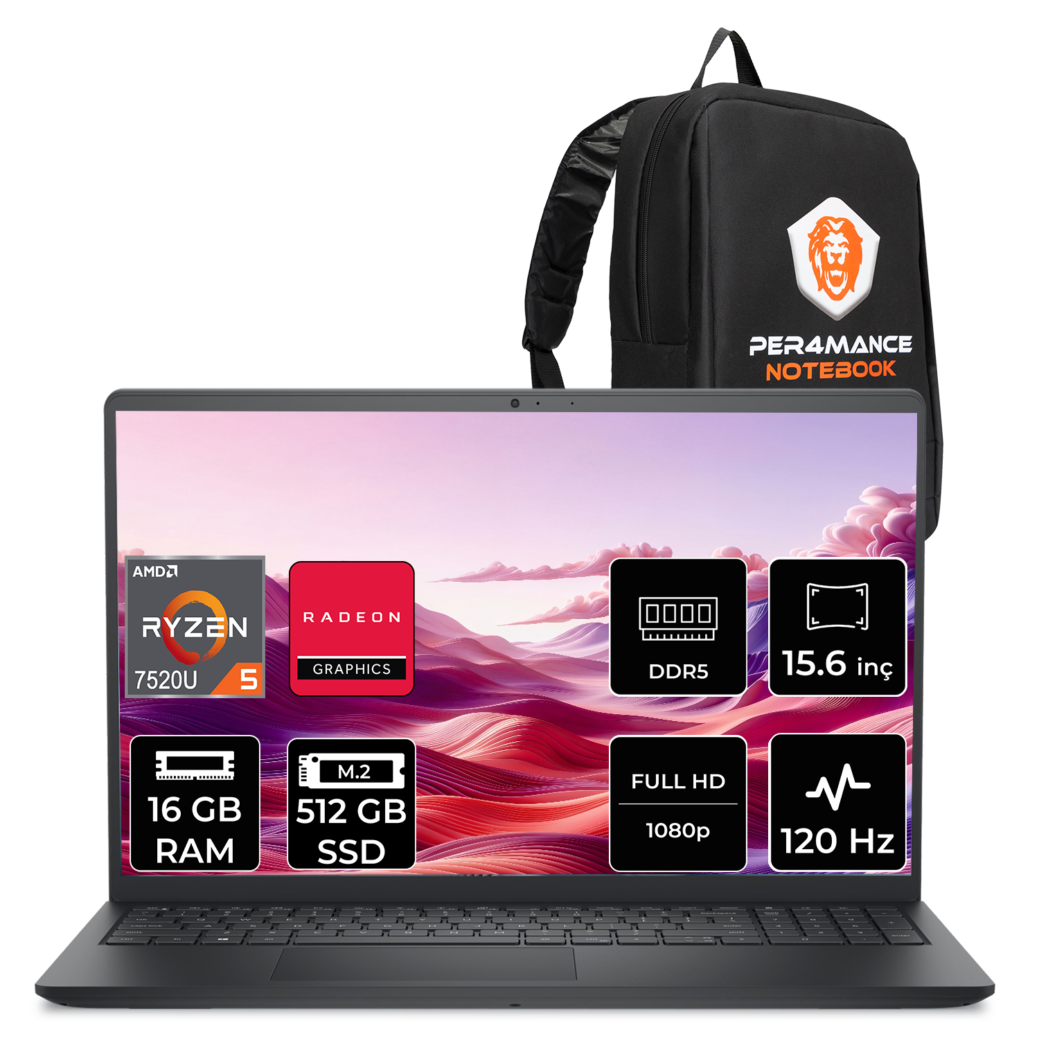 DELL Pro 15 Essential FHD PV15255P307 AMD Ryzen 5 7520U 16 GB RAM 512 GB SSD 15,6 inç FreeDOS Laptop+Çanta Siyah İşlemci