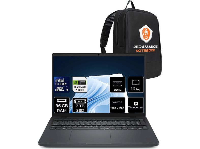 DELL Pro Max 16 RTX Pro 1000 8GB FHD+ MC16250P352 Intel Core Ultra 9 285H 96 GB RAM 2 TB SSD 16 inç FreeDOS Laptop+Çanta Siyah