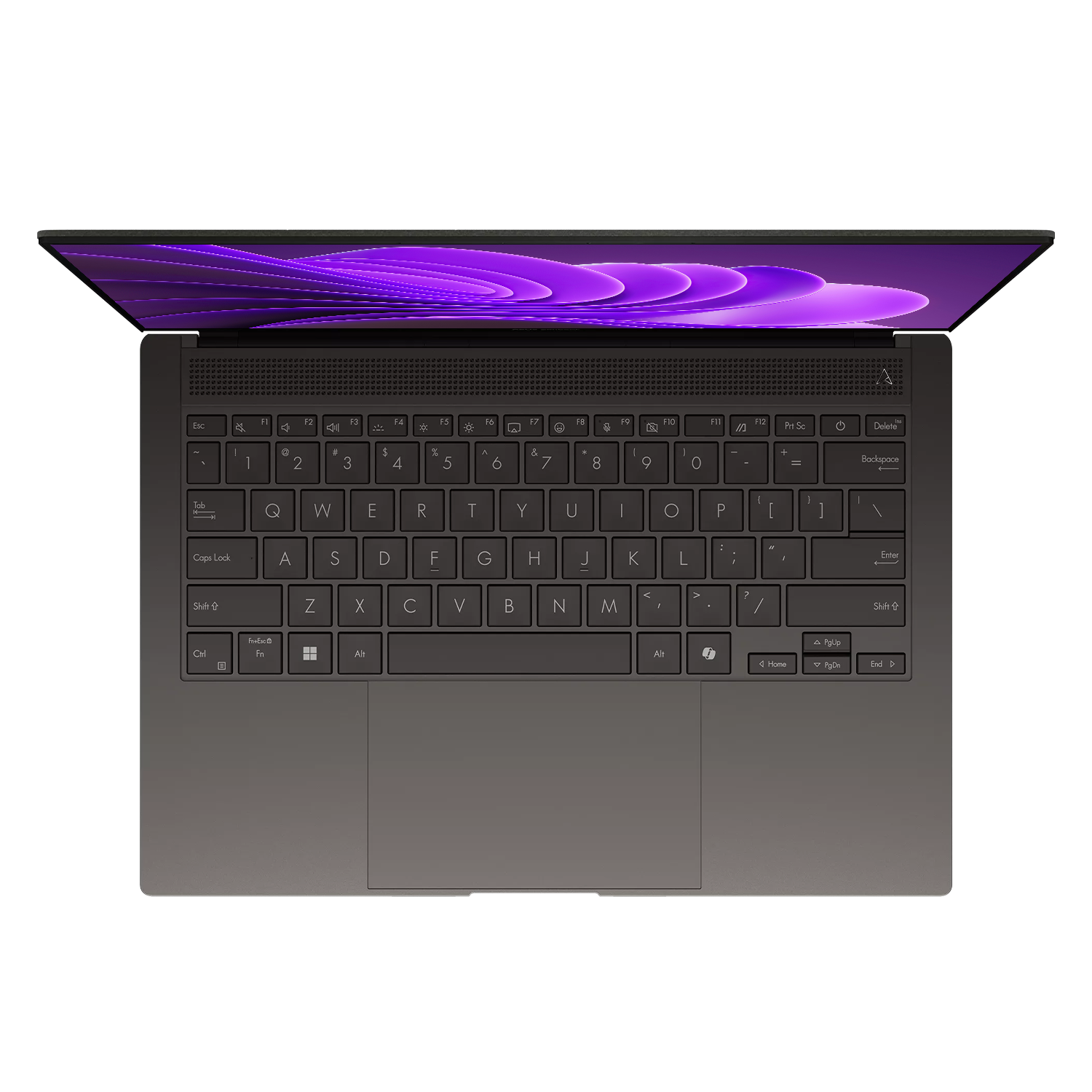 Beyaz arka planda parlak mor ekranlı ve QWERTY klavyeli koyu renkli dizüstü bilgisayarın üstten görünümü.