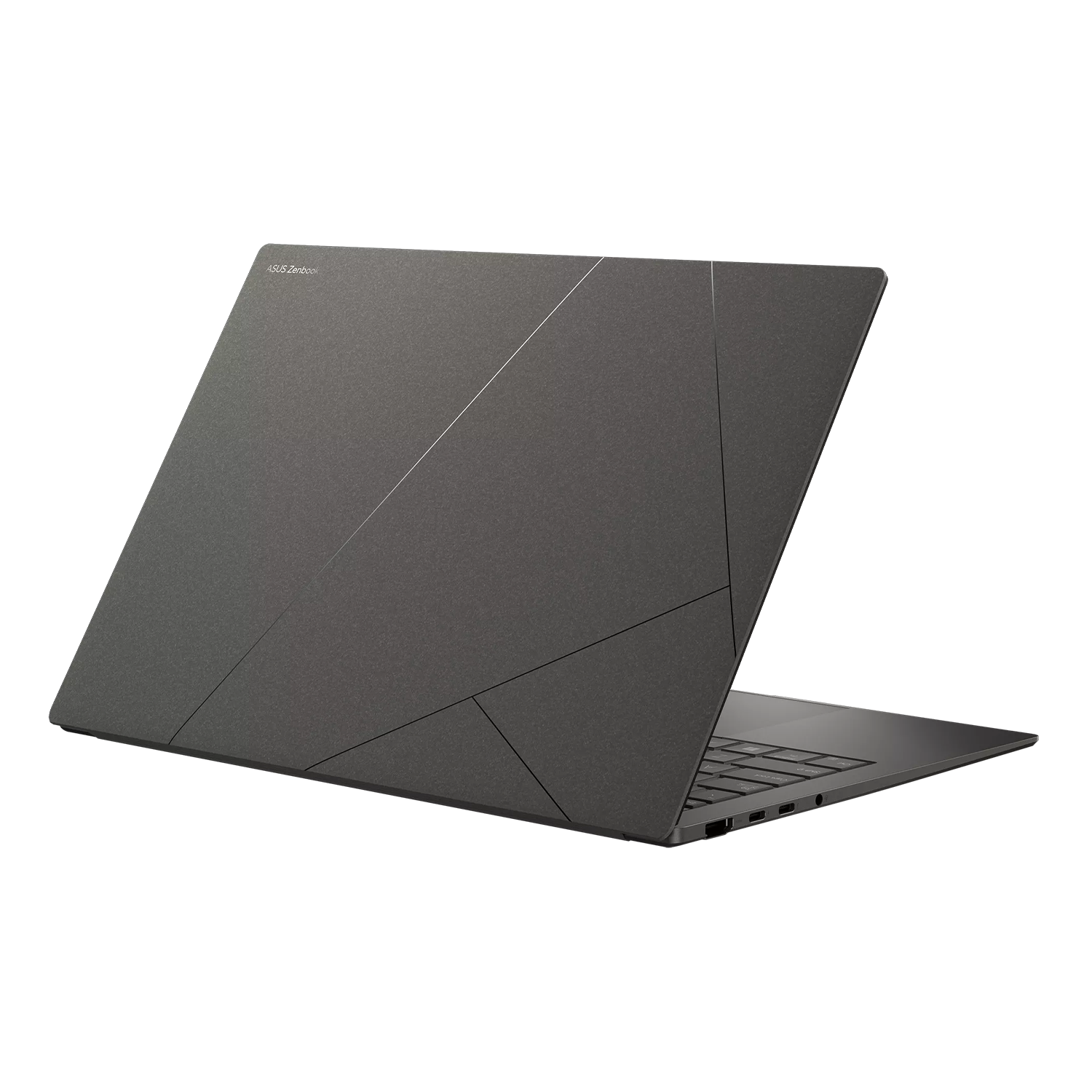Kapağında geometrik bir desen bulunan, kapalı konumda gri bir ASUS ZenBook dizüstü bilgisayar.