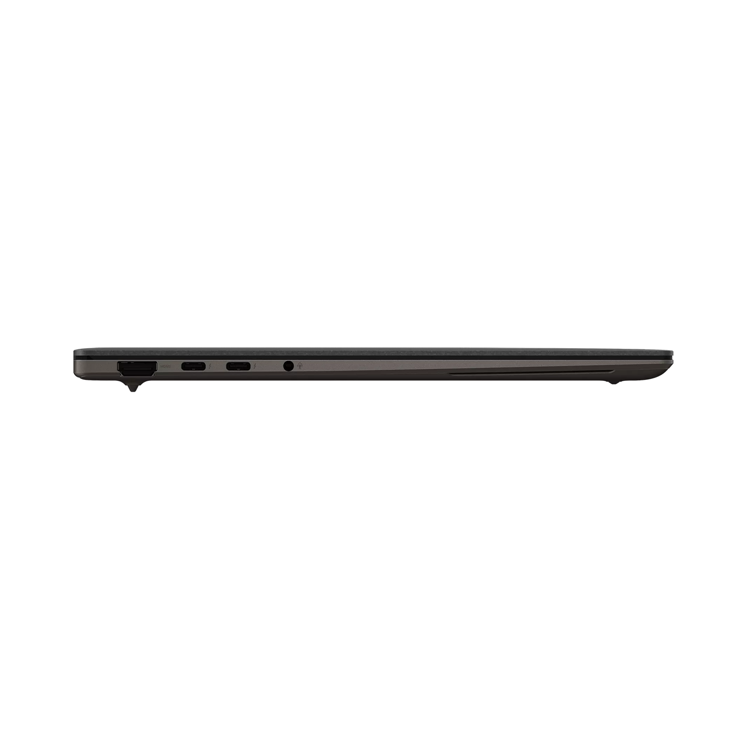 Beyaz arka planda HDMI, USB-C ve ses jakı gibi bağlantı noktalarını gösteren koyu renkli bir dizüstü bilgisayarın yan görünümü.