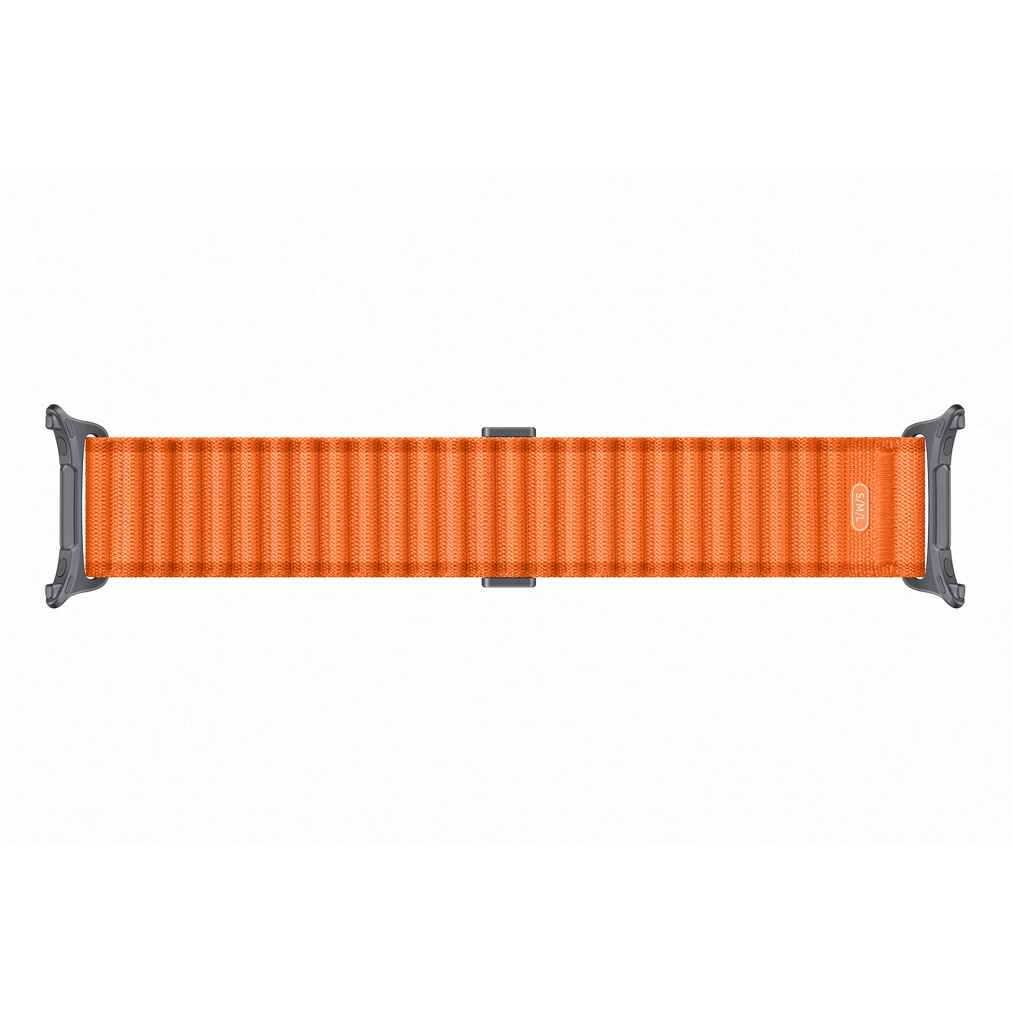 Un bracelet de montre en tissu orange avec des attaches en métal gris sur fond blanc.