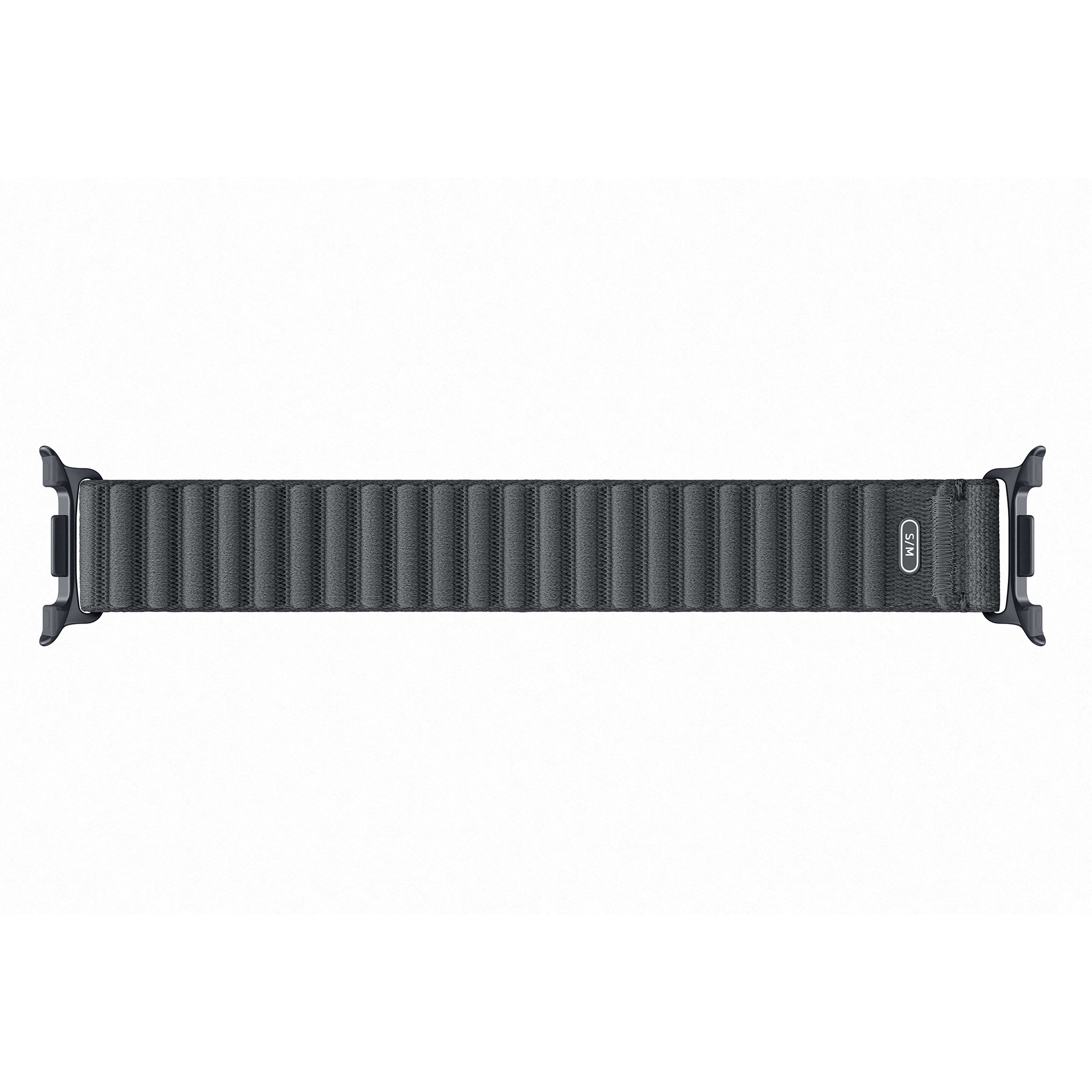 Una correa de Apple Watch gris acanalada con conectores de metal sobre fondo blanco.